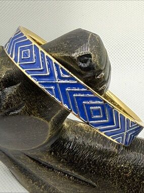 Gorgeous Gold-Tone Blue Geometric Enamel Bangle Bracelet designer inspired